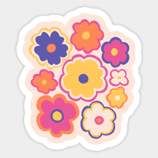 Hippie retro 70s flower pattern in pink, yellow and blue Sticker